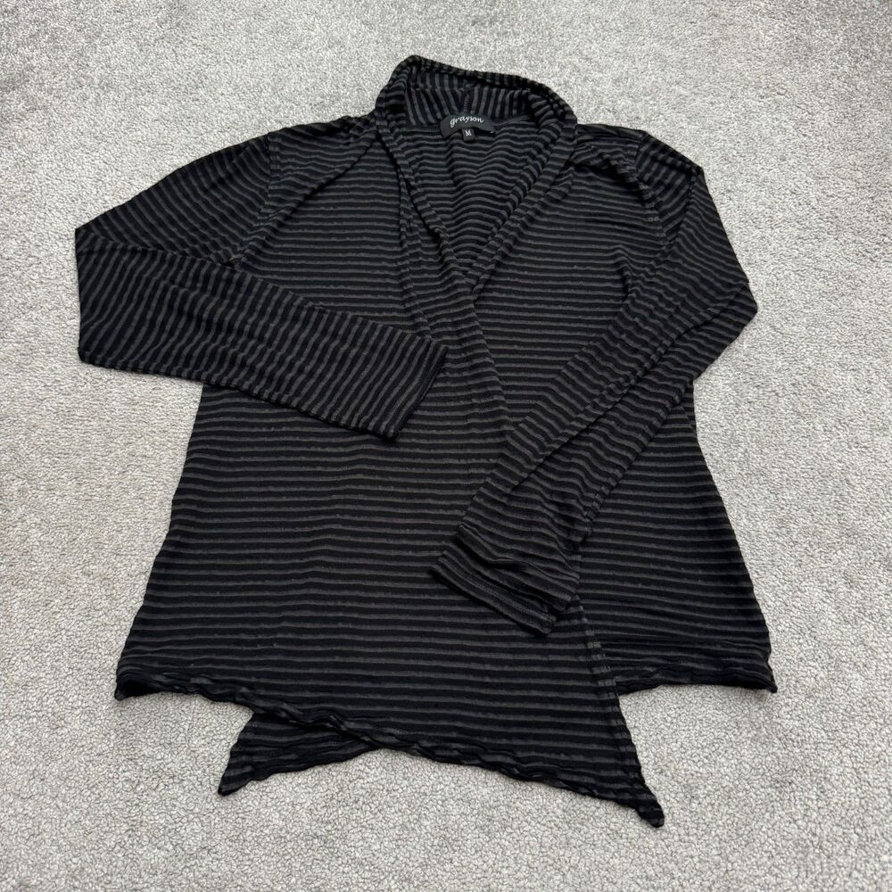 Grayson Open Front Wrapped Cardigan Sweater Womens Medium Black Gray Striped